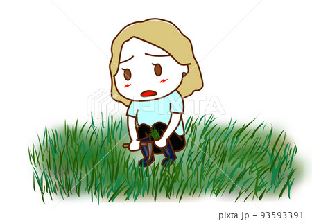 （全身斜め）ボーボーの雑草を不満げな顔でめんどくさそうに刈る白人女性 93593391