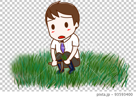 （全身斜）一個滿臉不滿地割波波草的男人 93593400