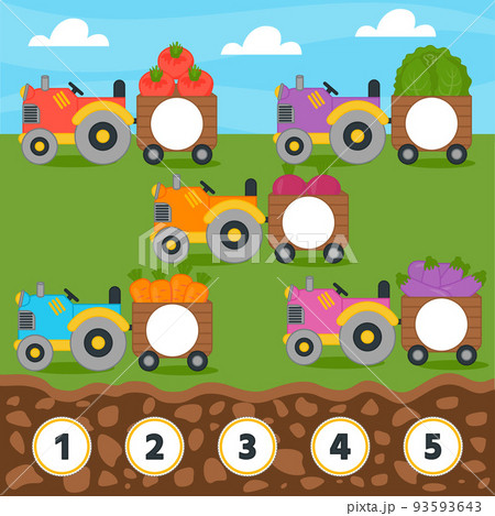 Match game for kids. Counting from 1 to 5. Count the vegetables in the tractor. Children funny education riddle entertainment and amusement. Vector illustration Match game for kids. Counting from 1 to 5. Count the vegetables in the tractor. Children funny education riddle entertainment and amusement. Vector illustration 93593643