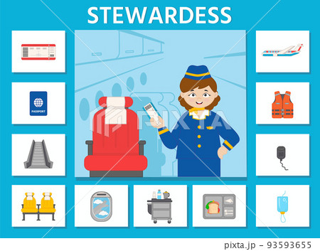 Educational game for kids. Learning cards. Professions. Cute stewardess on board. Preschool worksheet activity. Vector illustration in cartoon styl Educational game for kids. Learning cards. Professions. Cute stewardess on board. Preschool worksheet activity. Vector illustration in cartoon styl 93593655