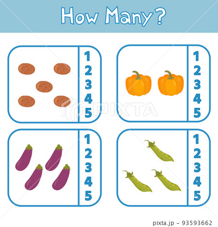 Educational game for preschool children. Learning to count up to 5. Vegetables. The development of logic and attention. Vector illustration. Sheet for printing 93593662