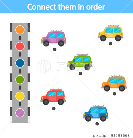 Educational game for preschool children. Connect with a line according to the color pattern. The car. The development of logic and attention. Vector illustration. Sheet for printing Educational game for preschool children. Connect with a line according to the color pattern. The car. The development of logic and attention. Vector illustration. Sheet for printing 93593663