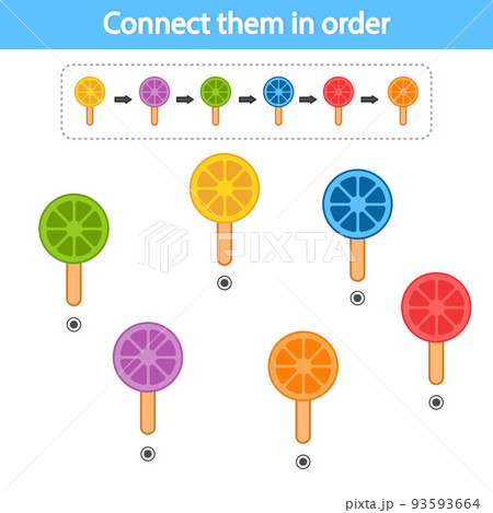 Educational game for preschool children. Connect with a line according to the color pattern. Ice cream. The development of logic and attention. Vector illustration. Sheet for printing Educational game for preschool children. Connect with a line according to the color pattern. Ice cream. The development of logic and attention. Vector illustration. Sheet for printing 93593664