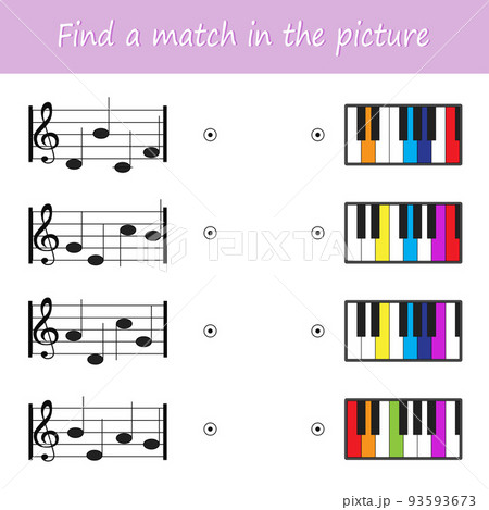 Game for children. Learning notes. Find a match in the pictures. The development of intelligence in preschool children. Vector illustration Game for children. Learning notes. Find a match in the pictures. The development of intelligence in preschool children. Vector illustration 93593673