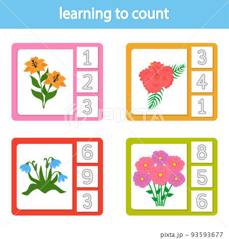 Cards for learning to count from 1 to 10. Flowers. A game for the development of intelligence and logic for preschool children. Vetor illustration. Printable sheet Cards for learning to count from 1 to 10. Flowers. A game for the development of intelligence and logic for preschool children. Vetor illustration. Printable sheet 93593677