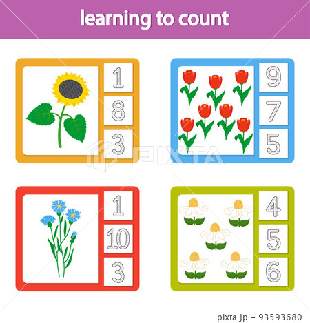 Cards for learning to count from 1 to 10. Flowers. A game for the development of intelligence and logic for preschool children. Vetor illustration. Printable sheet Cards for learning to count from 1 to 10. Flowers. A game for the development of intelligence and logic for preschool children. Vetor illustration. Printable sheet 93593680