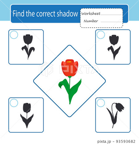 Game for children. The development of logic and attention. Find the correct shadow. Tulip. Printable activity sheet. Vector illustration 93593682