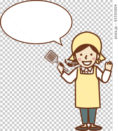 A smiling woman in an apron holding a spatula. A smiling woman in an apron holding a spatula. 93593804