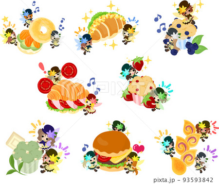 ハンバーガーやベーコンエピなどの美味しそうなパンと可愛い花の妖精たちのイラスト 93593842