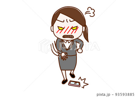 （全身正面）怒りに任せてスマートフォンを床に投げて叩きつけるスーツ姿の女性 93593885