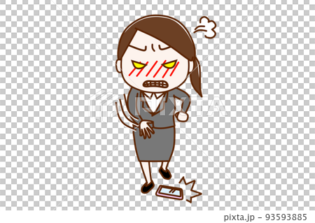 （全身正面）怒りに任せてスマートフォンを床に投げて叩きつけるスーツ姿の女性 93593885