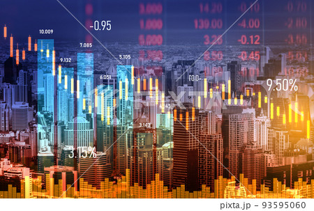 Declining graphs of a stock market crash overlap modernistic city. 93595060