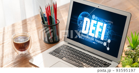Decentralized finance or DeFi concept on modish computer screen Decentralized finance or DeFi concept on modish computer screen 93595197