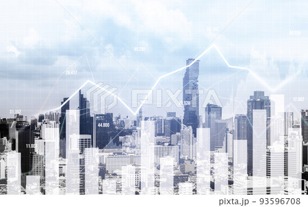 Digital screen and graph overlap modernistic cityscape for business concept. 93596708