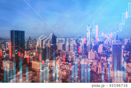 Digital screen and graph overlap modernistic cityscape for business concept. Digital screen and graph overlap modernistic cityscape for business concept. 93596716