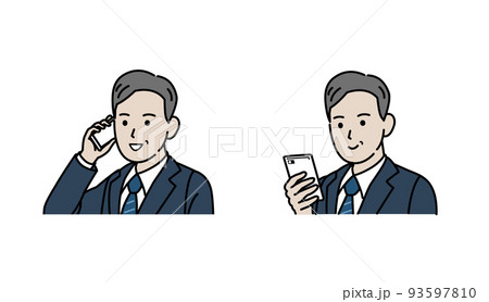 スマートフォンを使う　スーツ姿の男性　中年　ミドル　会社員　ビジネスマン　携帯電話　イラスト 93597810