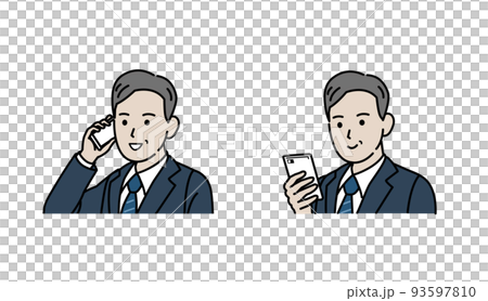 スマートフォンを使う　スーツ姿の男性　中年　ミドル　会社員　ビジネスマン　携帯電話　イラスト 93597810