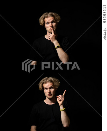 Set of two portraits of attractive cheerful man, student, thinking about problem solution and find a solution, a good idea, over black background. 93598515