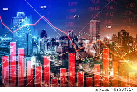 Declining graphs of a stock market crash overlap modernistic city. Declining graphs of a stock market crash overlap modernistic city. 93598517