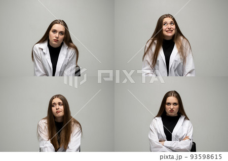 Portrait set of brunette young woman with a long hair in a white shirt with face expression like happy, sad, angry, surprised, yawn isolated on white background. 93598615