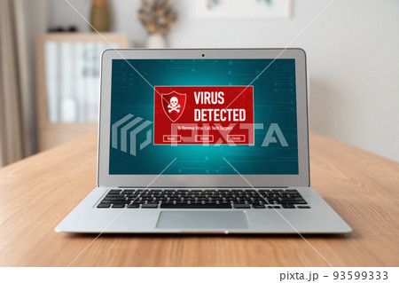Virus warning alert on computer screen detected modish cyber threat 93599333