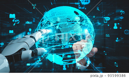 Futuristic robot artificial intelligence enlightening AI technology concept Futuristic robot artificial intelligence enlightening AI technology concept 93599386