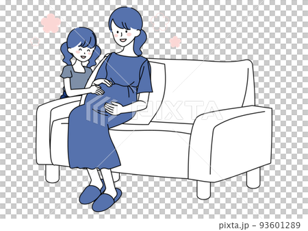 A smiling pregnant woman and a daughter stroking her stomach 93601289