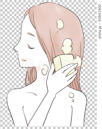 Woman washing her hair long solid soap shampoo (yellow) (watercolor style) 93601900