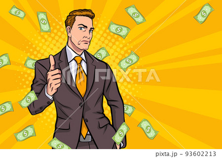 surprise business man successful and shocking with Falling Money Pop art retro comic style 93602213