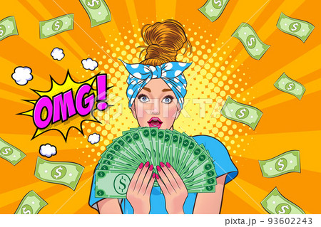surprise business woman successful and shocking with Falling Money say WOW OMG Pop art retro comic style 93602243