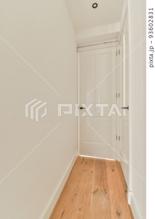 Light narrow hallway with many doors in white walls and glowing lamp over lumber floor 93602831