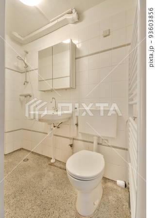 Wall hung toilet and small sink in corner in lavatory room with beige tile 93603856