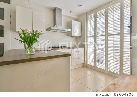 Fragment of interior of light narrow home kitchen with minimalist style white furniture with sink and stove Fragment of interior of light narrow home kitchen with minimalist style white furniture with sink and stove 93604300