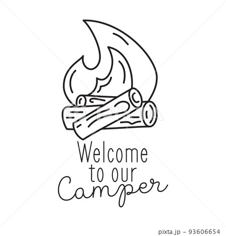 Camping T Shirt Design in minimalist Line Art Style with Quote - Welcome to our Camper. Travel linear Emblem. Hiking Silhouette Label. Stock vector Badge 93606654