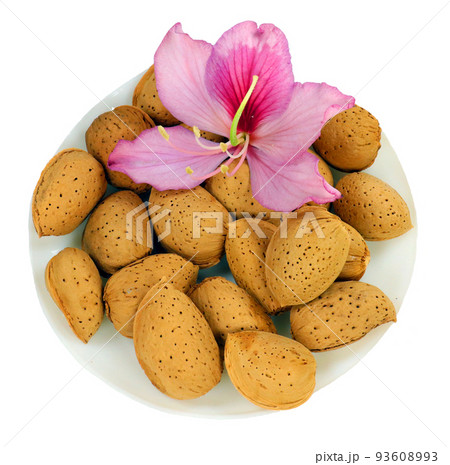 Fresh Almond nuts and purple orchid tree flower isolated on white. Almendra. Fresh Almond nuts and purple orchid tree flower isolated on white. Almendra. 93608993