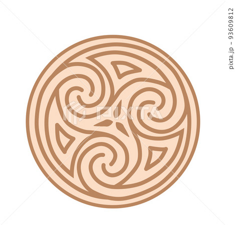 Trixel, a Slavic symbol decorated with an ornament in a wreath of Scandinavian weaving. Beige trendy design Trixel, a Slavic symbol decorated with an ornament in a wreath of Scandinavian weaving. Beige trendy design 93609812