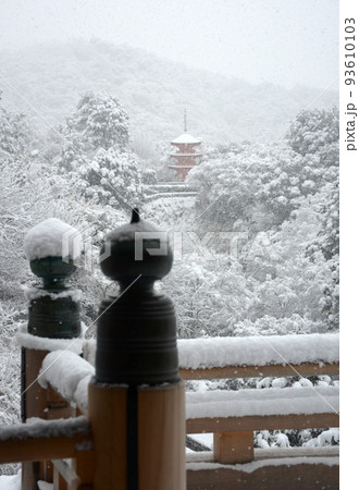 雪の清水寺　本堂舞台欄干の擬宝珠と子安塔　京都市東山区 93610103
