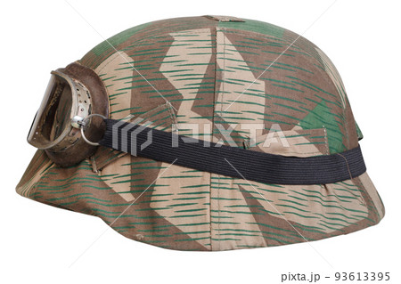 German nazi army helmet with with protective goggles and camouflage cover, type Splinter, helmet M35, M40, M42. German nazi army helmet with with protective goggles and camouflage cover, type Splinter, helmet M35, M40, M42. 93613395