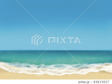 青空の砂浜に打ち寄せる波の風景のイラストのイラスト素材