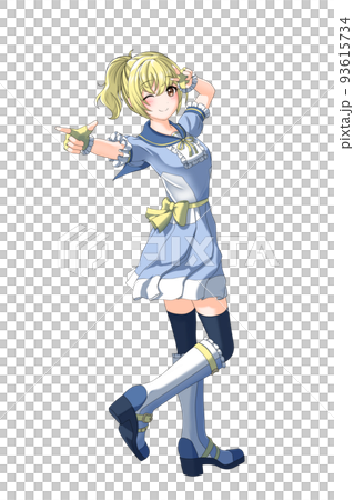A girl with a yellow ponytail wearing a school summer uniform (blue school uniform). A girl with a yellow ponytail wearing a school summer uniform (blue school uniform). 93615734