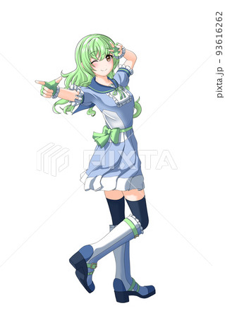 学園の夏服（青系制服）っぽい衣装を着た緑担当巻き髪の女の子の