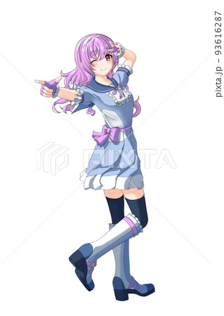 学園の夏服（青系制服）っぽい衣装を着た紫担当巻き髪の女の子の