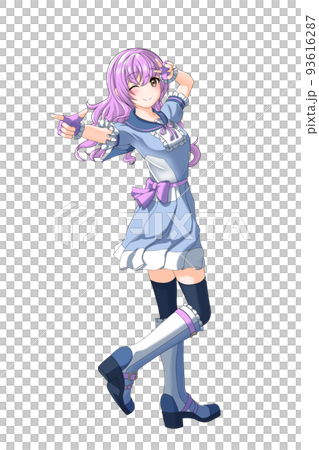 アニメスタイル人物画 紫色の衣装 学園の夏服（青系制服）っぽい衣装を着た紫担当巻き髪の女の子の