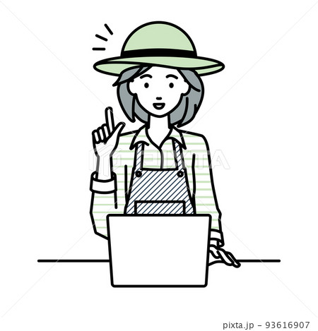 デスクで座ってPCを開いて何かひらめいた農家の女性 93616907