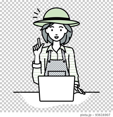 デスクで座ってPCを開いて何かひらめいた農家の女性 93616907