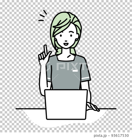 デスクで座ってPCを開いて何かひらめいエステ店員・受付・接客係の女性 93617530