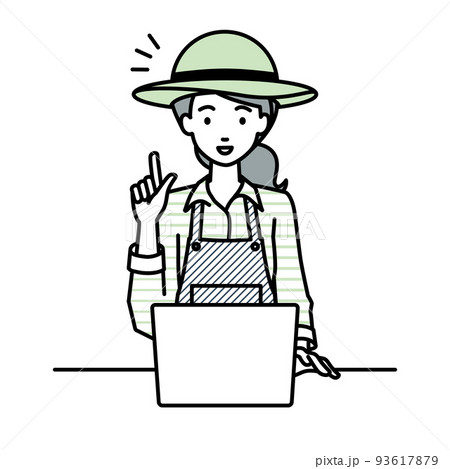 デスクで座ってPCを開いて何かひらめいた農家の女性 93617879