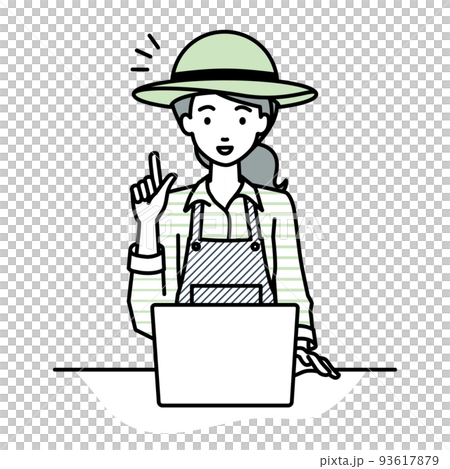 デスクで座ってPCを開いて何かひらめいた農家の女性 93617879