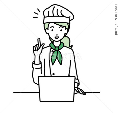 デスクで座ってPCを開いて何かひらめいた調理師の女性 93617881