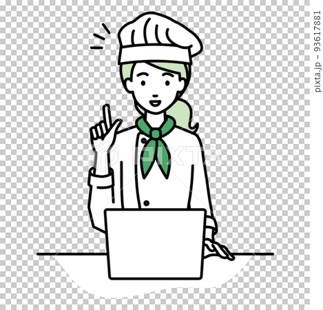 デスクで座ってPCを開いて何かひらめいた調理師の女性 93617881